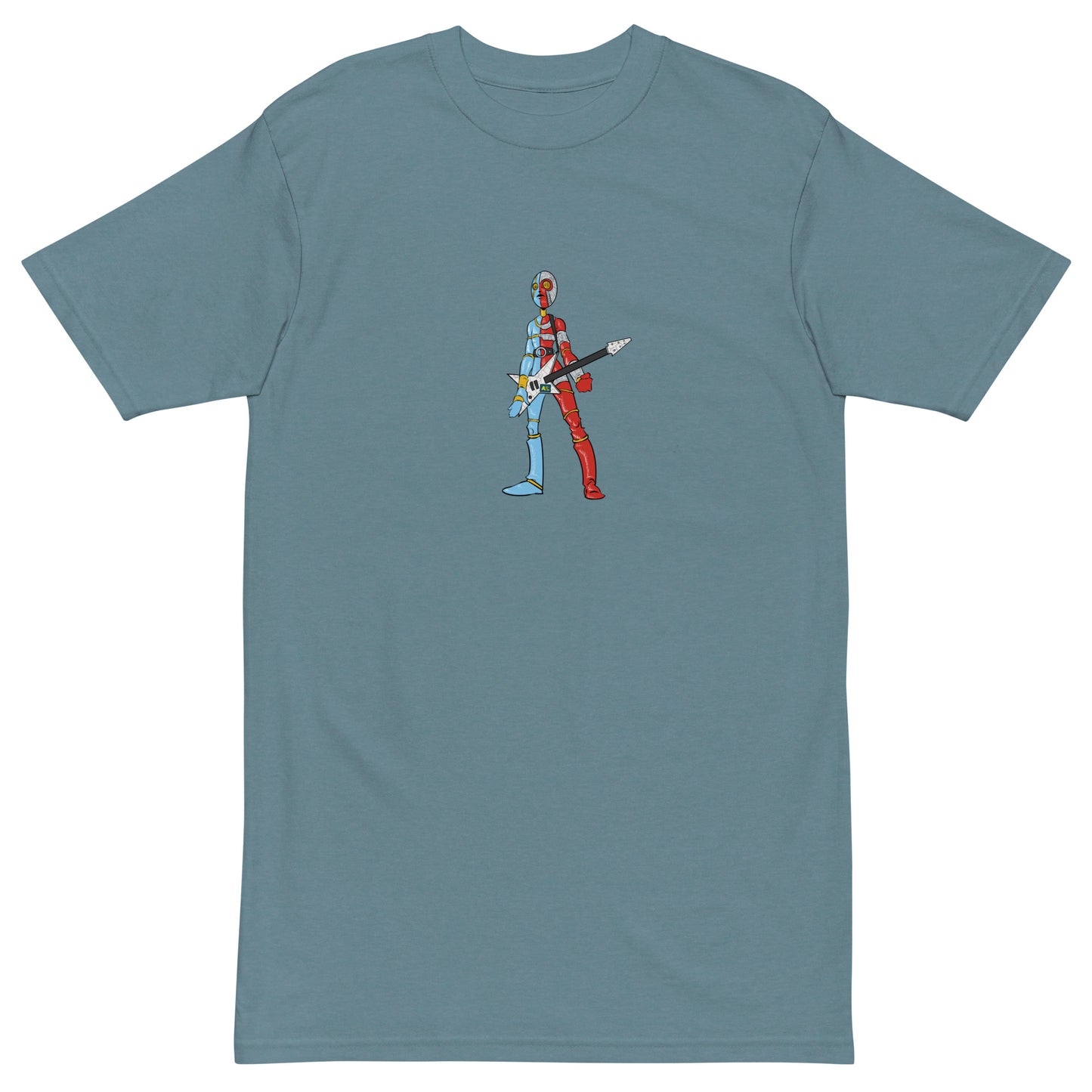 This shirt features an image of a robot-man playing an electric guitar