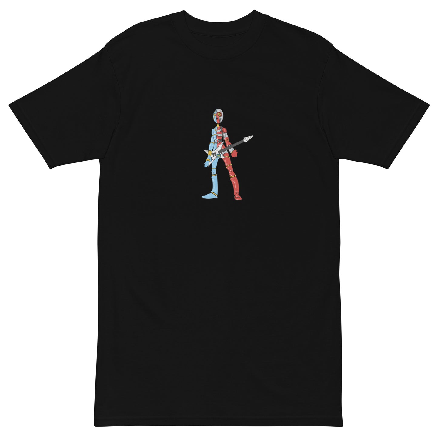 This shirt features an image of a robot-man playing an electric guitar