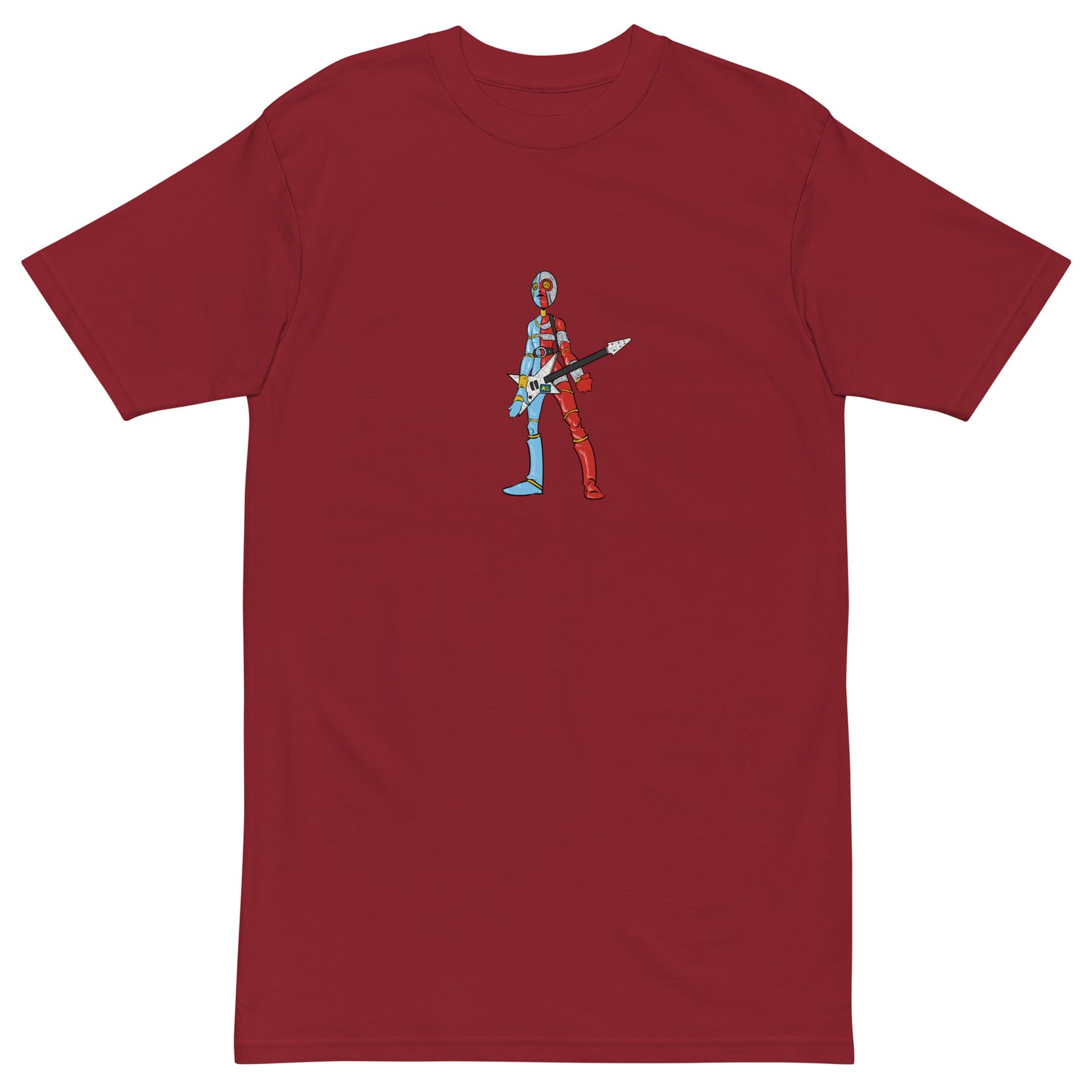 This shirt features an image of a robot-man playing an electric guitar