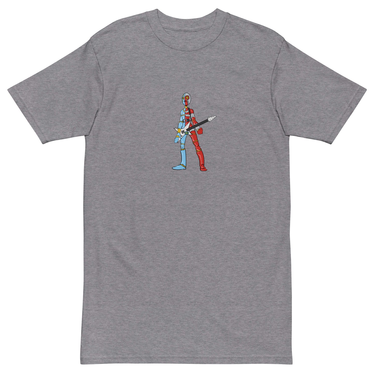 This shirt features an image of a robot-man playing an electric guitar