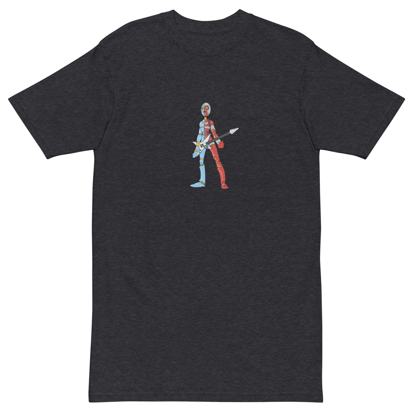This shirt features an image of a robot-man playing an electric guitar