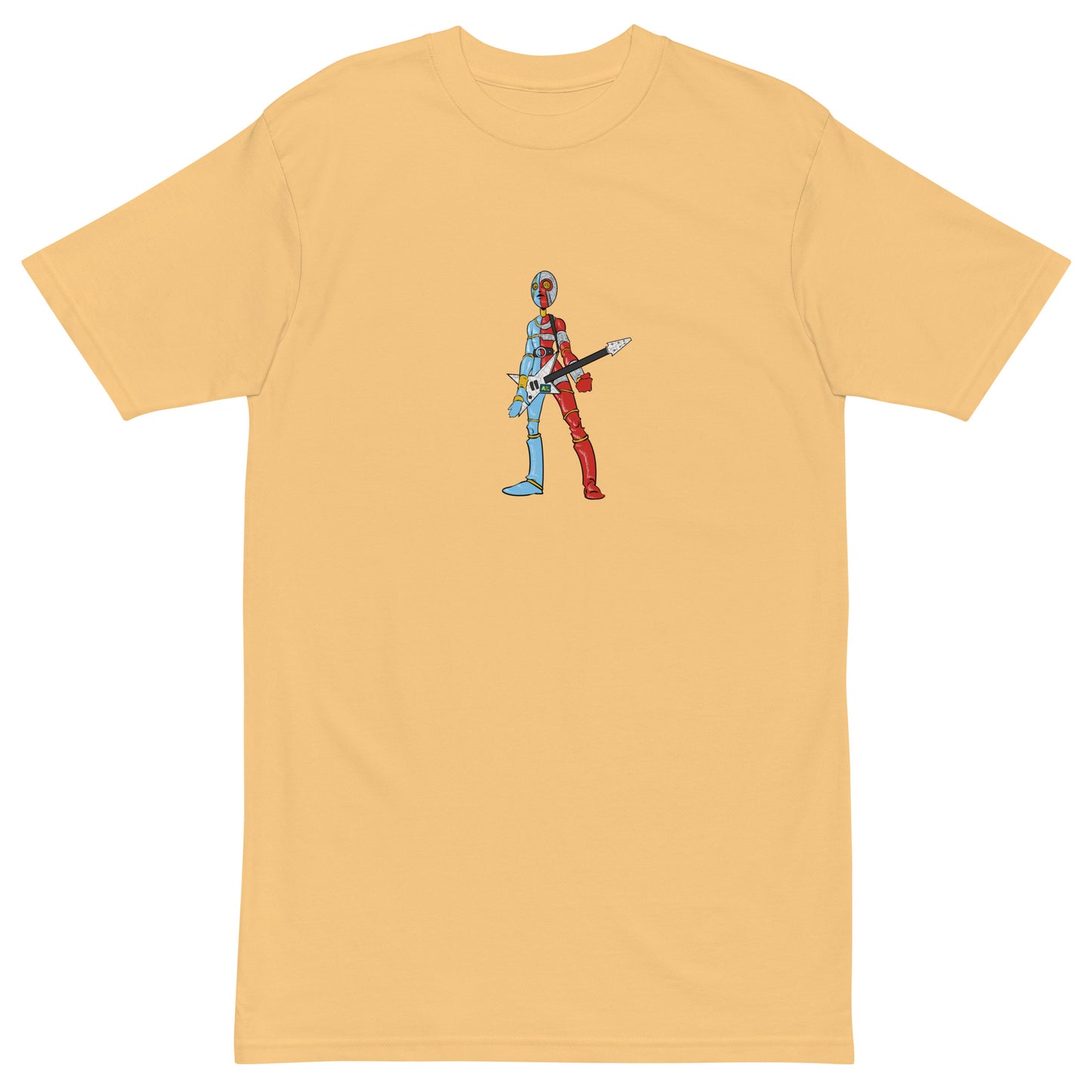 This shirt features an image of a robot-man playing an electric guitar