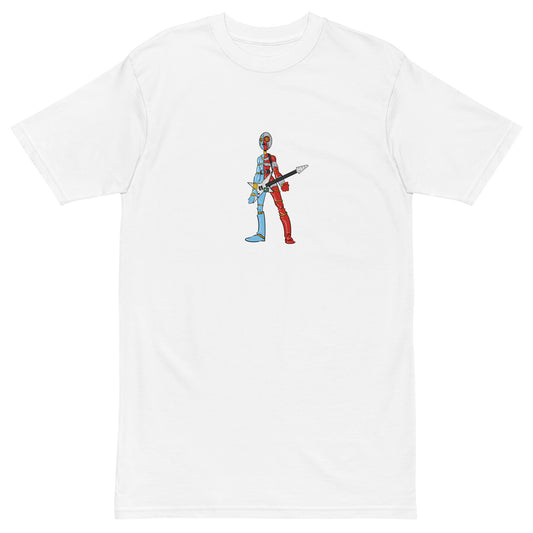 This shirt features an image of a robot-man playing an electric guitar
