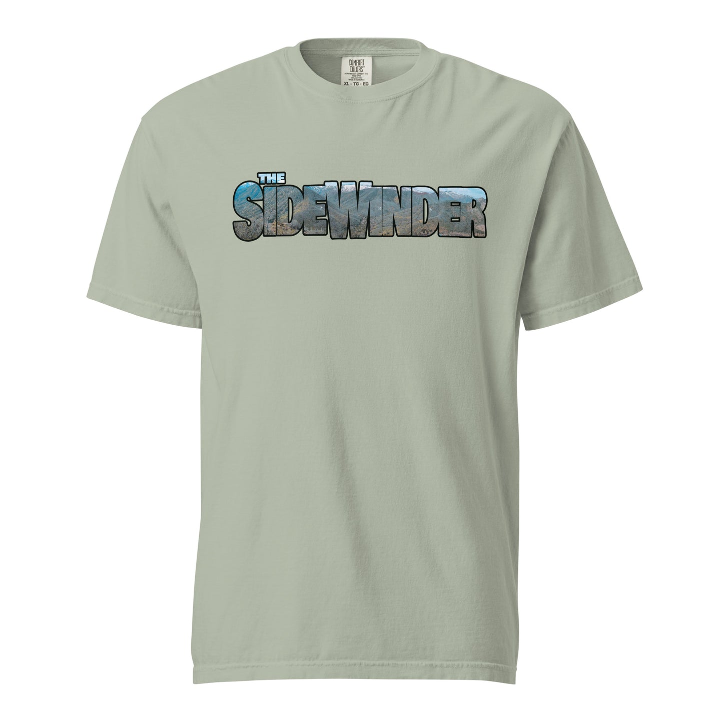 This shirt features an image of a an F-35 performing a low level pass through mountains contained inside of the words "The Sidewinder"
