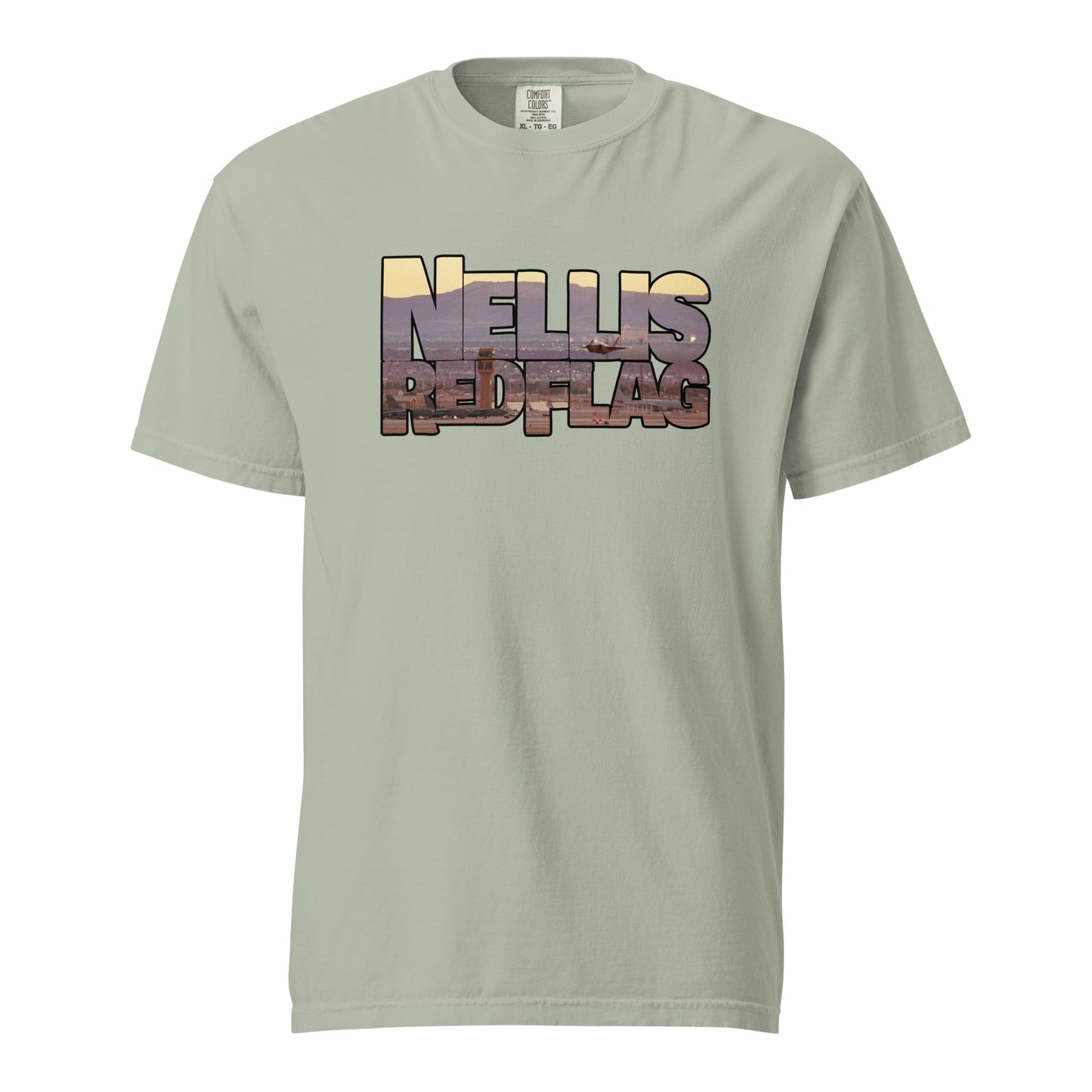 This shirt features an image of an F-35 taking off from Nellis Air Force Base contained inside of the words "Nellis Red Flag"