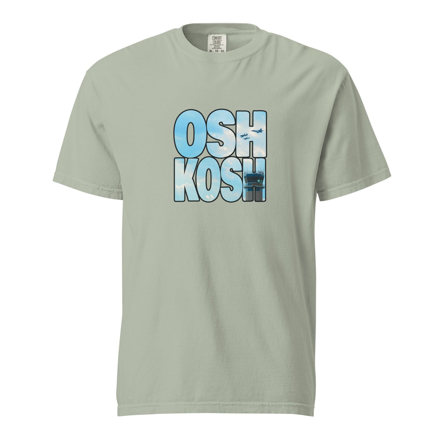 This shirt features an image of a heritage flight over the tower at Wittman Regional Airport contained inside of the word "Oshkosh"