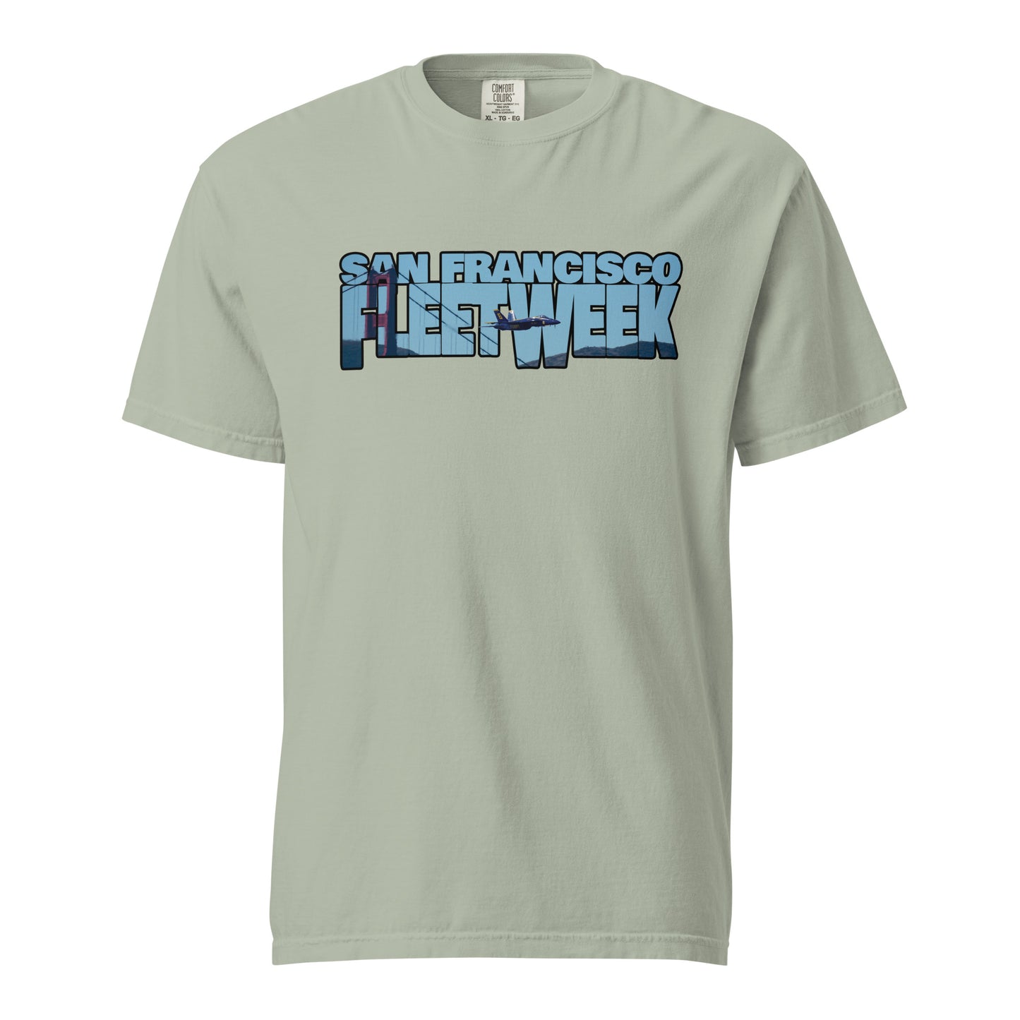 This shirt features an image of a Blue Angel flying past the Golden Gate Bridge contained inside of the words "San Francisco Fleet Week"