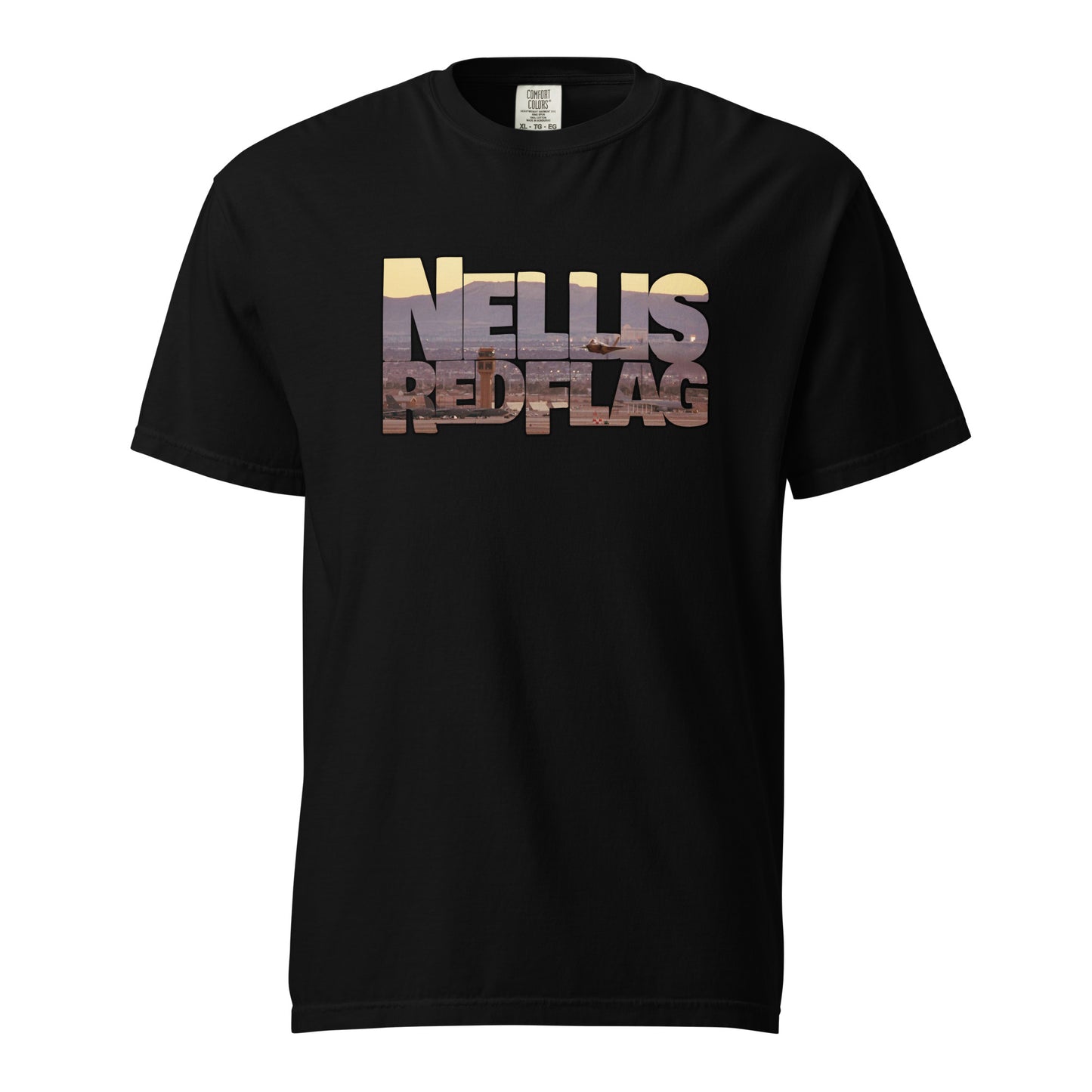 This shirt features an image of an F-35 taking off from Nellis Air Force Base contained inside of the words "Nellis Red Flag"