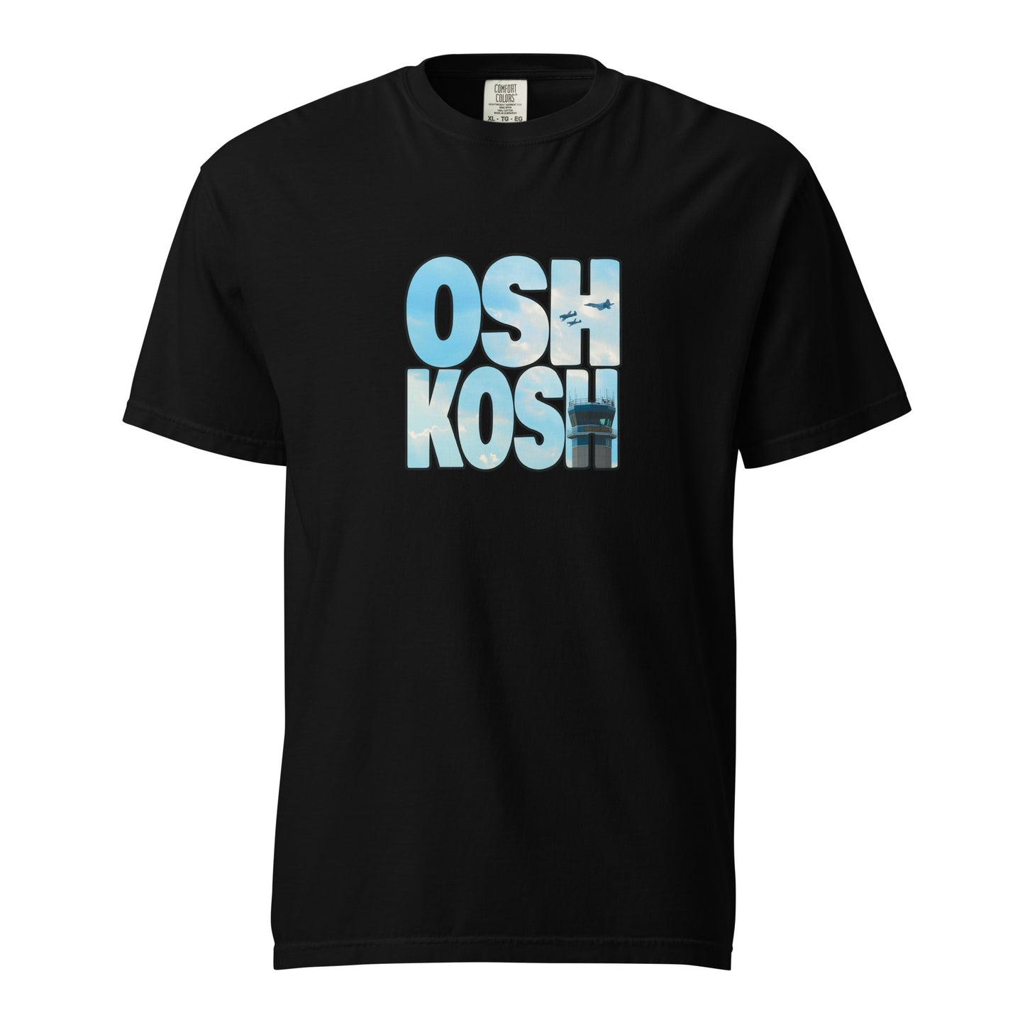 This shirt features an image of a heritage flight over the tower at Wittman Regional Airport contained inside of the word "Oshkosh"
