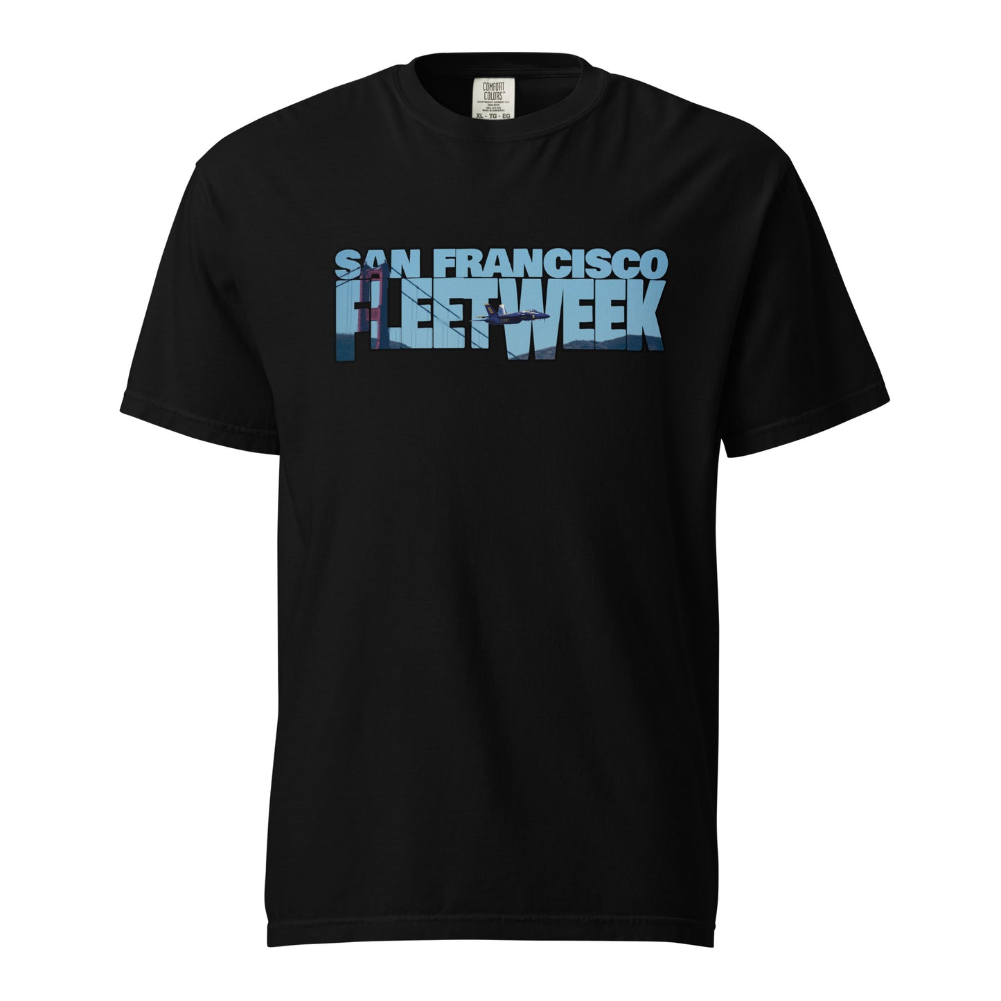 This shirt features an image of a Blue Angel flying past the Golden Gate Bridge contained inside of the words "San Francisco Fleet Week"
