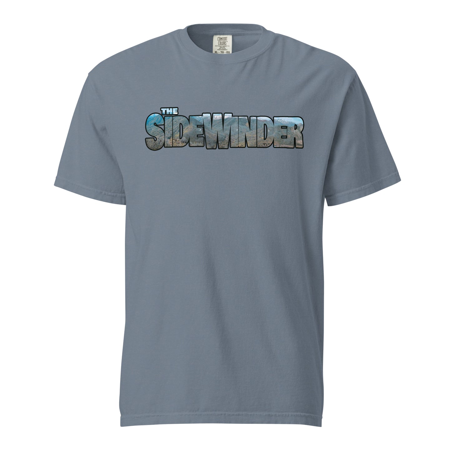 This shirt features an image of a an F-35 performing a low level pass through mountains contained inside of the words "The Sidewinder"