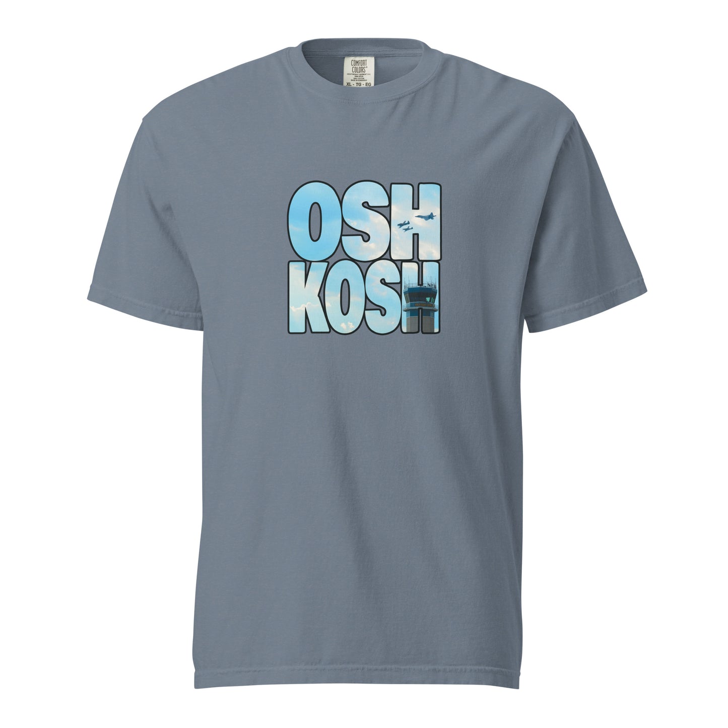This shirt features an image of a heritage flight over the tower at Wittman Regional Airport contained inside of the word "Oshkosh"