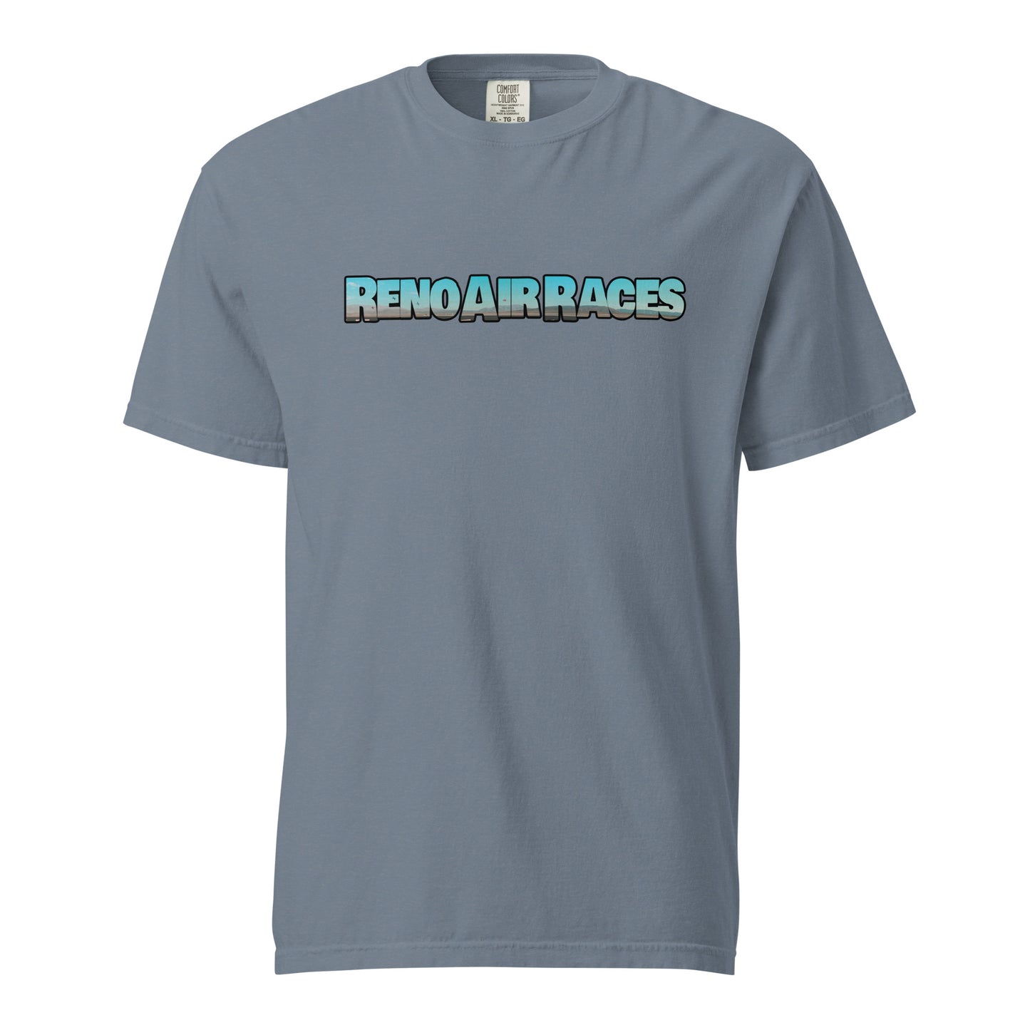 This shirt features an image of an air race at Reno Stead Airport contained inside of the words "Reno Air Races"