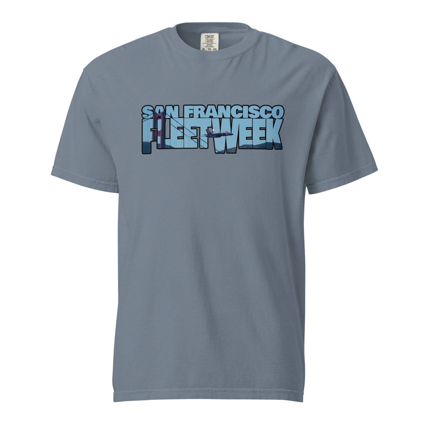 This shirt features an image of a Blue Angel flying past the Golden Gate Bridge contained inside of the words "San Francisco Fleet Week"