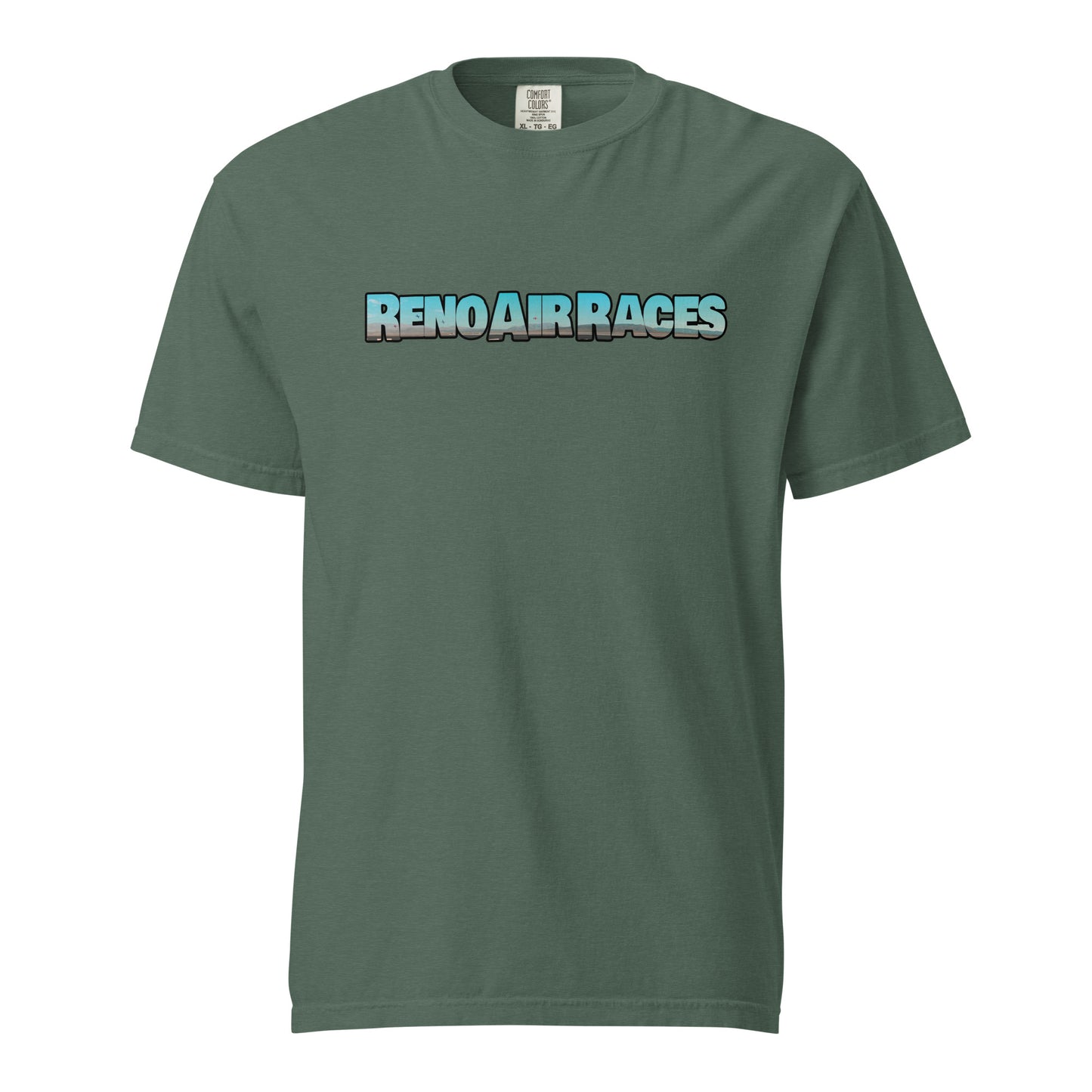 This shirt features an image of an air race at Reno Stead Airport contained inside of the words "Reno Air Races"