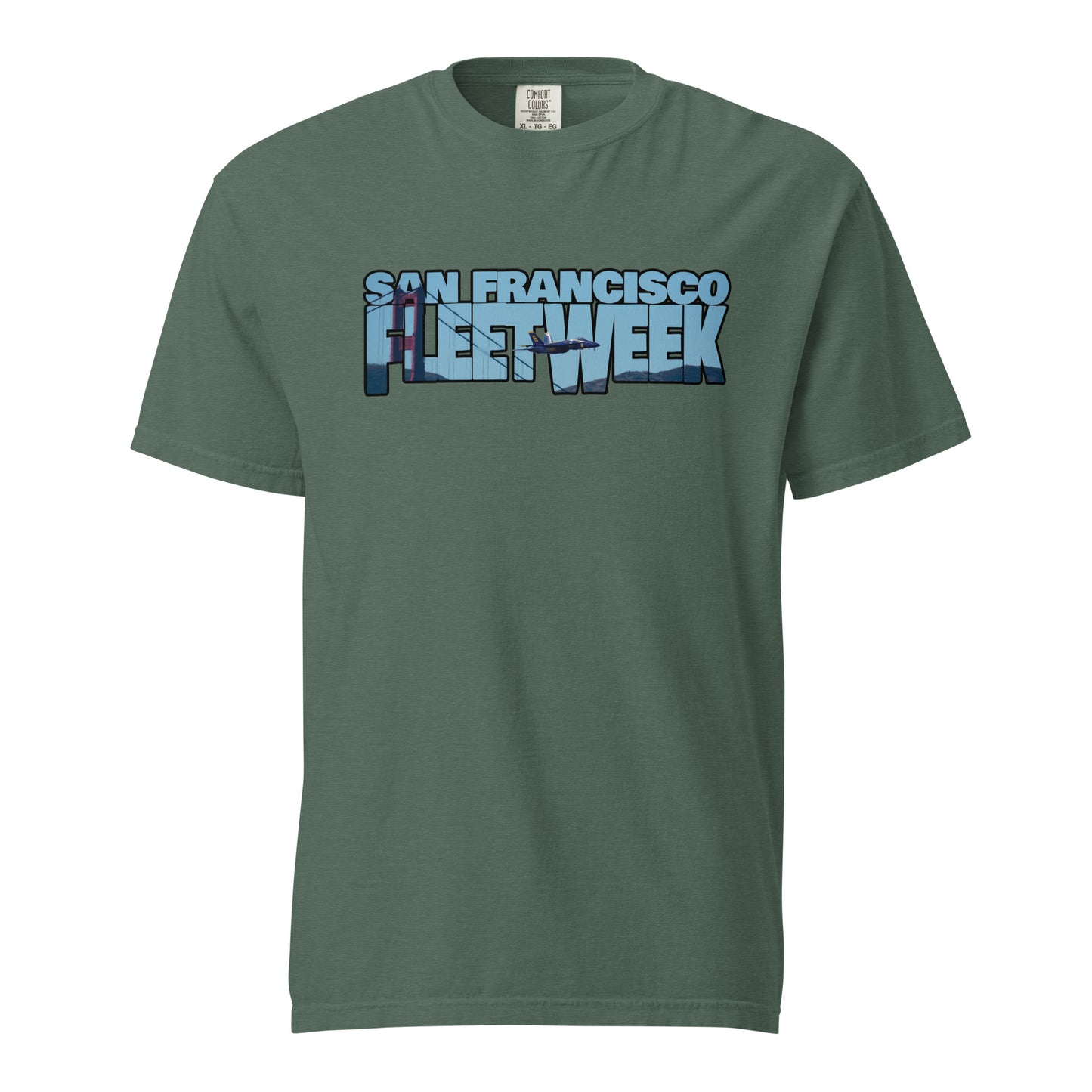 This shirt features an image of a Blue Angel flying past the Golden Gate Bridge contained inside of the words "San Francisco Fleet Week"