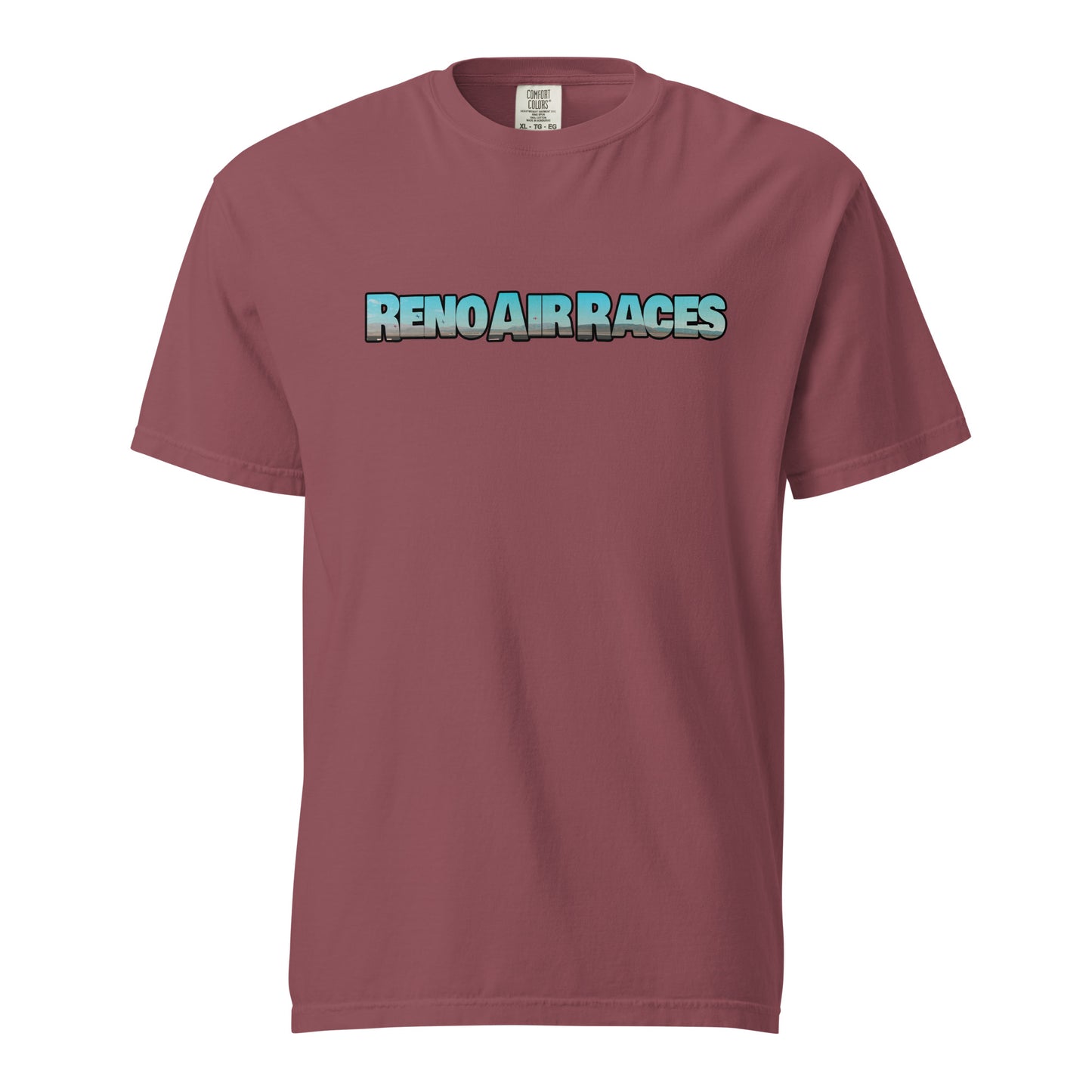 This shirt features an image of an air race at Reno Stead Airport contained inside of the words "Reno Air Races"