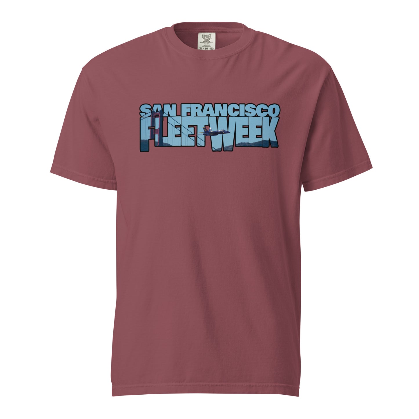 This shirt features an image of a Blue Angel flying past the Golden Gate Bridge contained inside of the words "San Francisco Fleet Week"