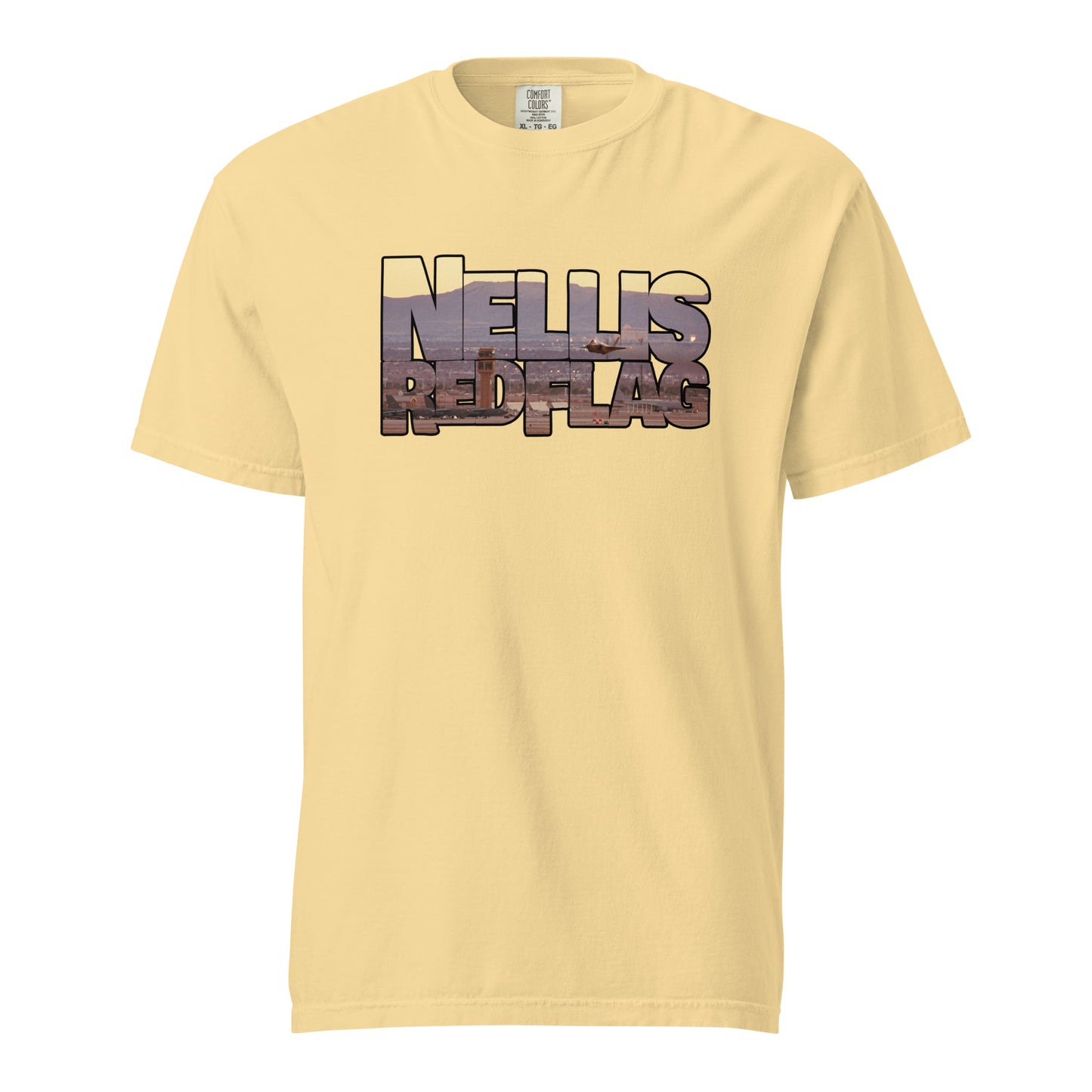 This shirt features an image of an F-35 taking off from Nellis Air Force Base contained inside of the words "Nellis Red Flag"