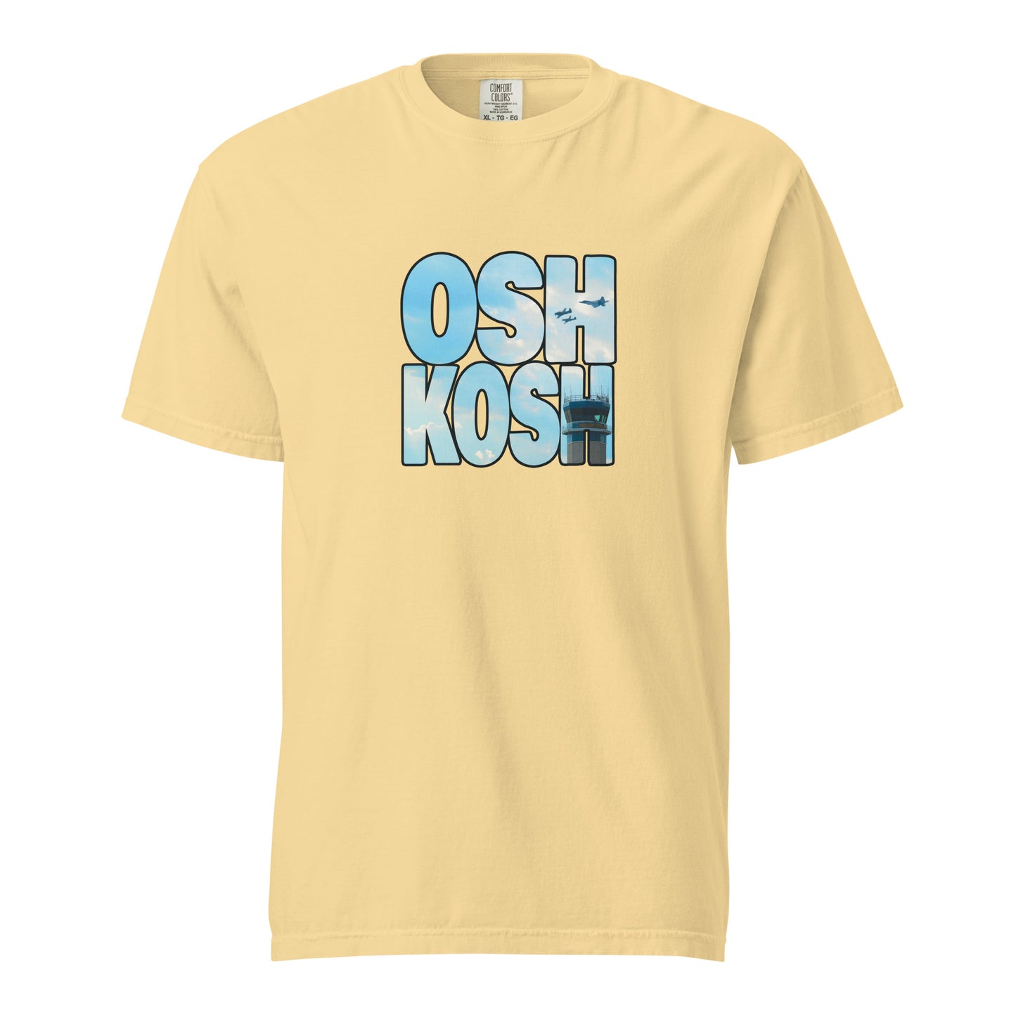 This shirt features an image of a heritage flight over the tower at Wittman Regional Airport contained inside of the word "Oshkosh"