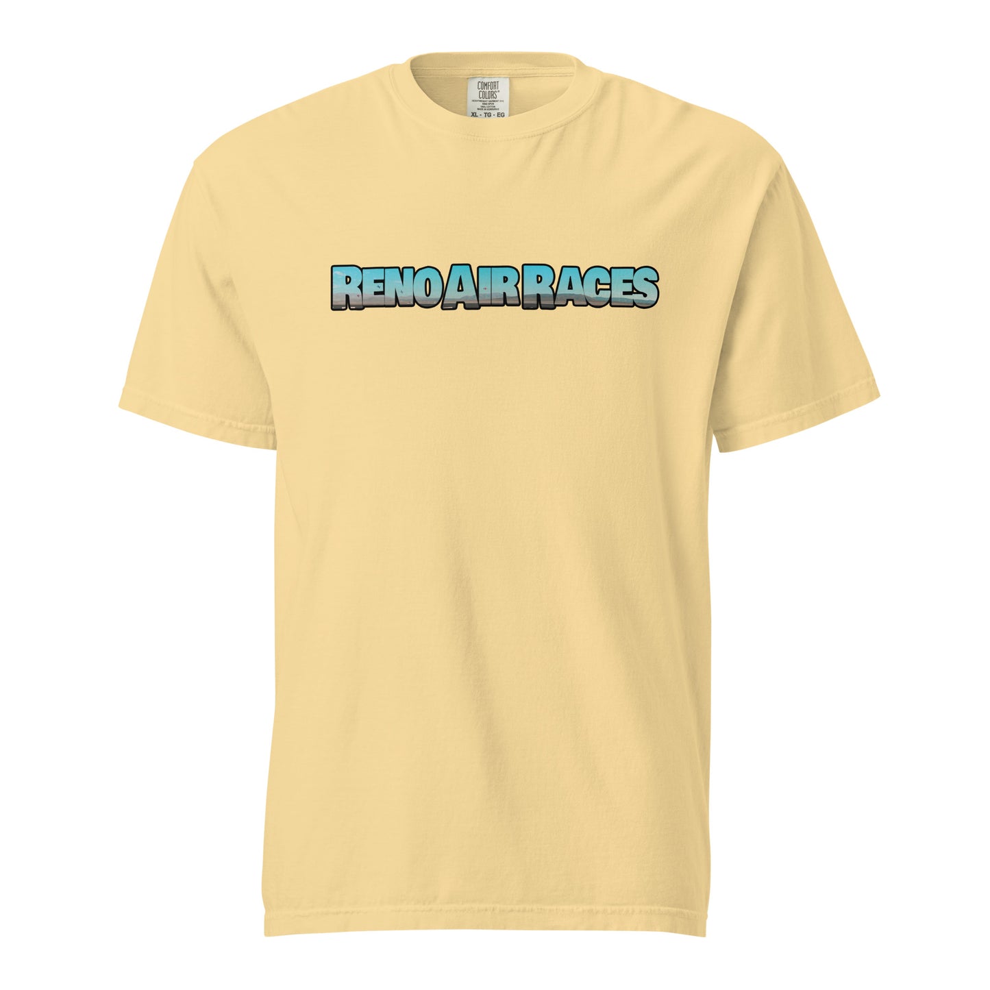 This shirt features an image of an air race at Reno Stead Airport contained inside of the words "Reno Air Races"