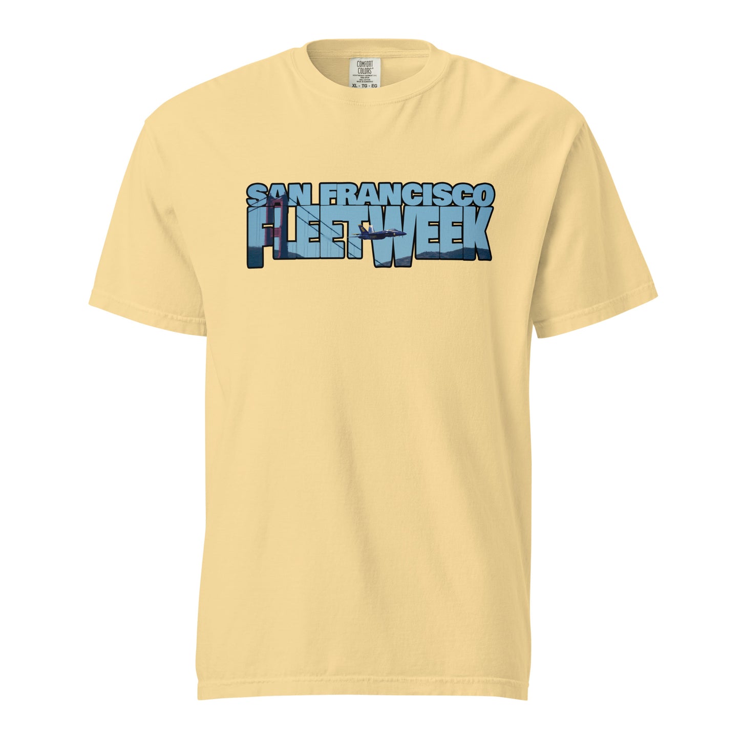 This shirt features an image of a Blue Angel flying past the Golden Gate Bridge contained inside of the words "San Francisco Fleet Week"