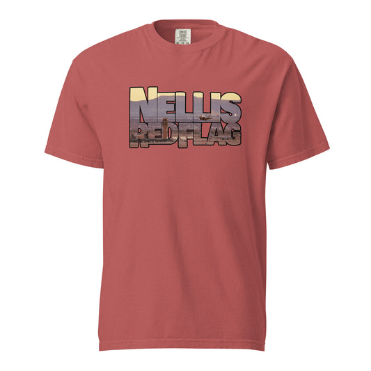 This shirt features an image of an F-35 taking off from Nellis Air Force Base contained inside of the words "Nellis Red Flag"
