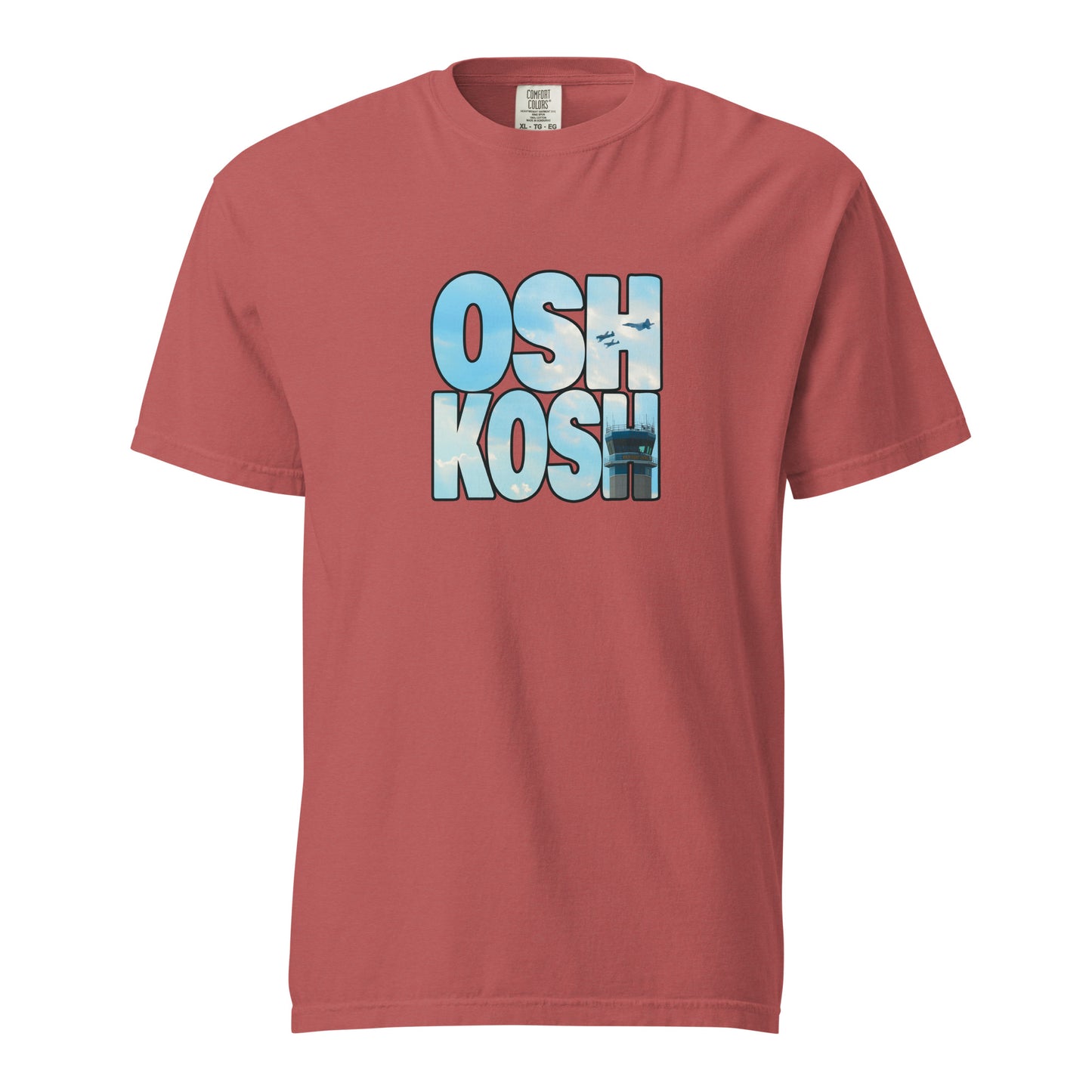This shirt features an image of a heritage flight over the tower at Wittman Regional Airport contained inside of the word "Oshkosh"
