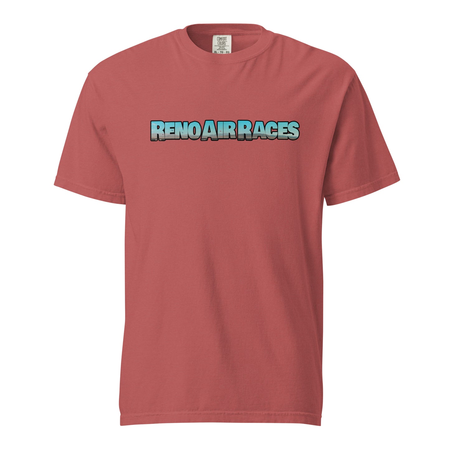 This shirt features an image of an air race at Reno Stead Airport contained inside of the words "Reno Air Races"