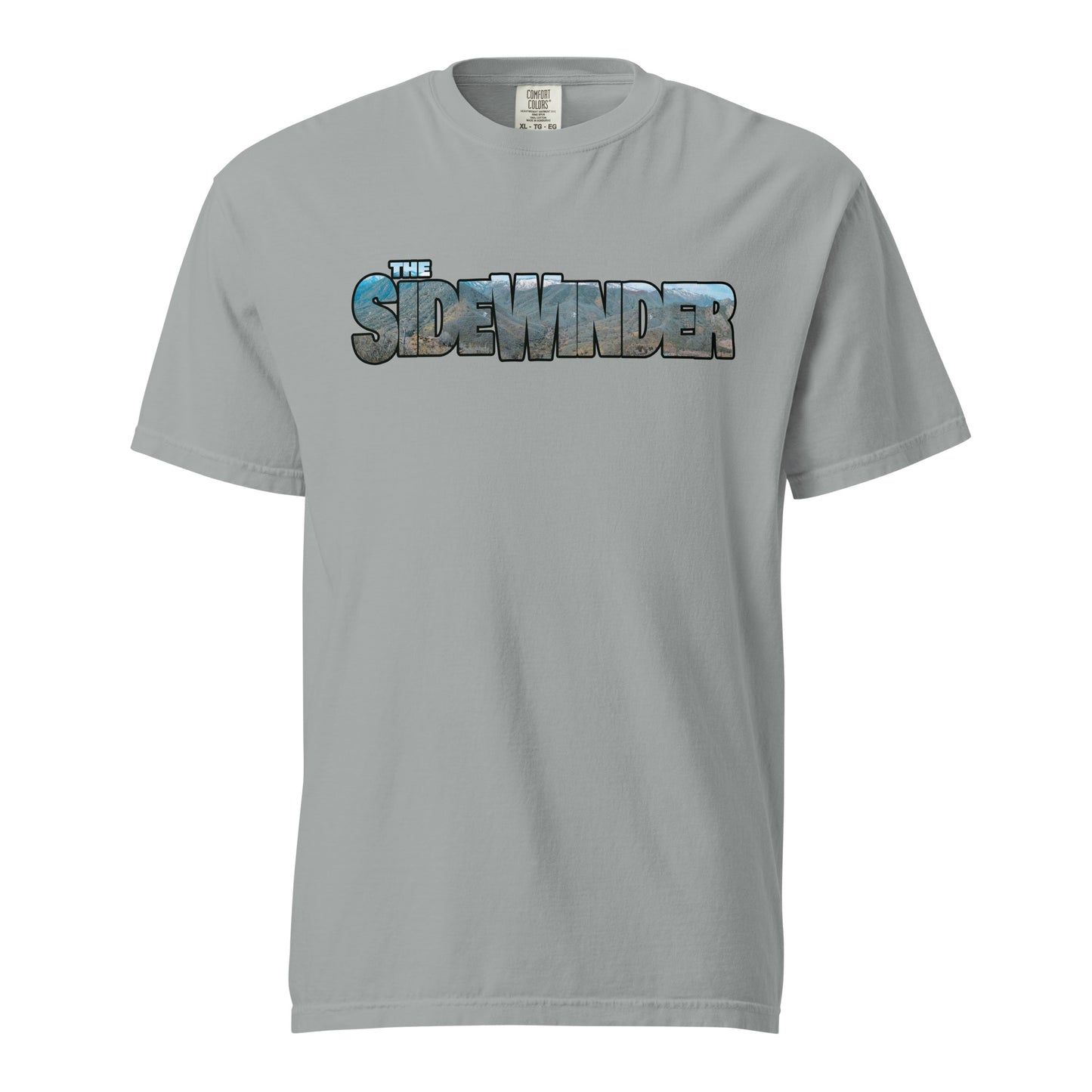 This shirt features an image of a an F-35 performing a low level pass through mountains contained inside of the words "The Sidewinder"