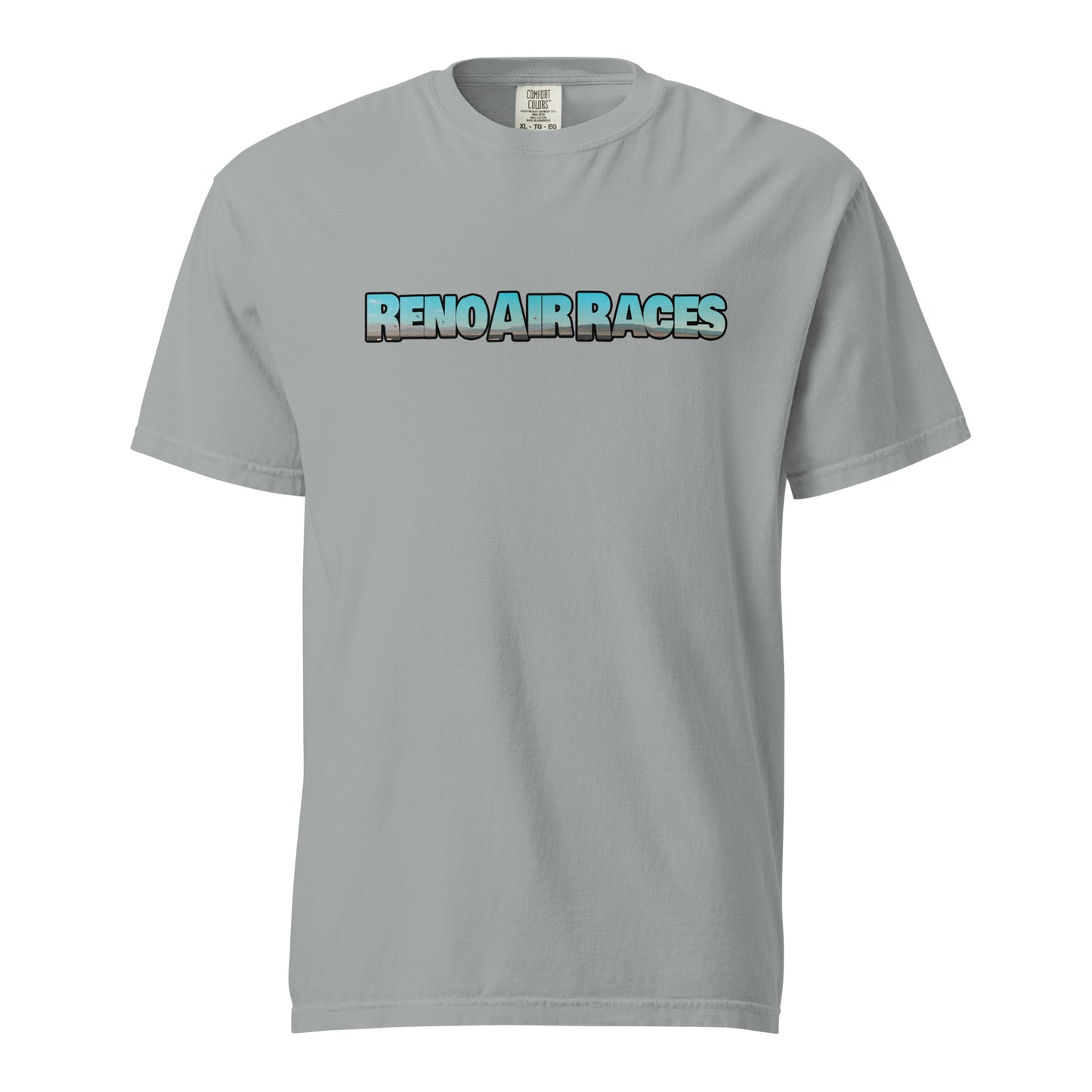 This shirt features an image of an air race at Reno Stead Airport contained inside of the words "Reno Air Races"