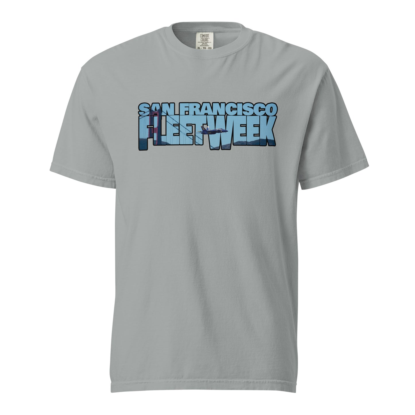 This shirt features an image of a Blue Angel flying past the Golden Gate Bridge contained inside of the words "San Francisco Fleet Week"