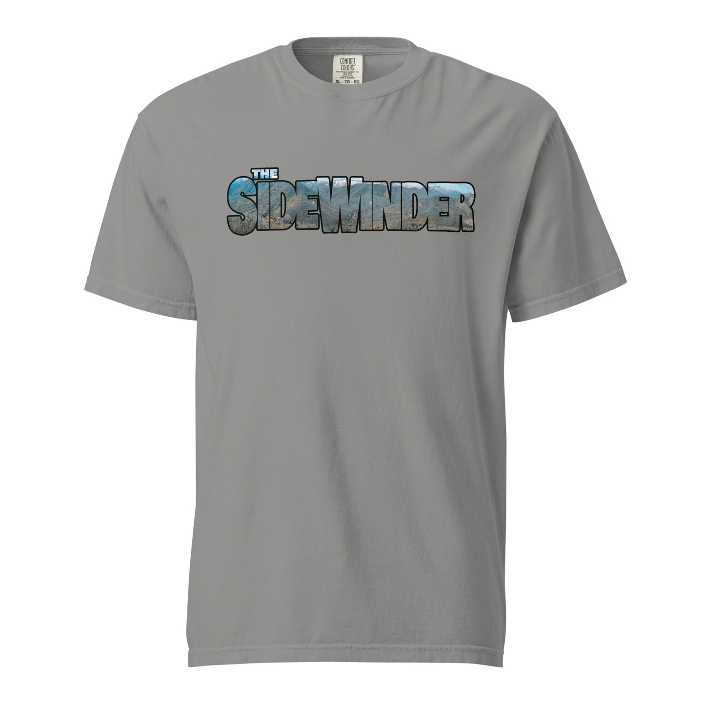 This shirt features an image of a an F-35 performing a low level pass through mountains contained inside of the words "The Sidewinder"