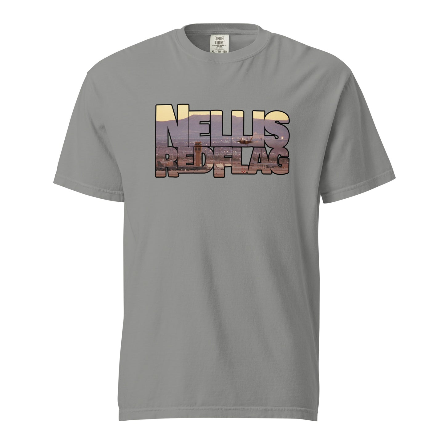 This shirt features an image of an F-35 taking off from Nellis Air Force Base contained inside of the words "Nellis Red Flag"