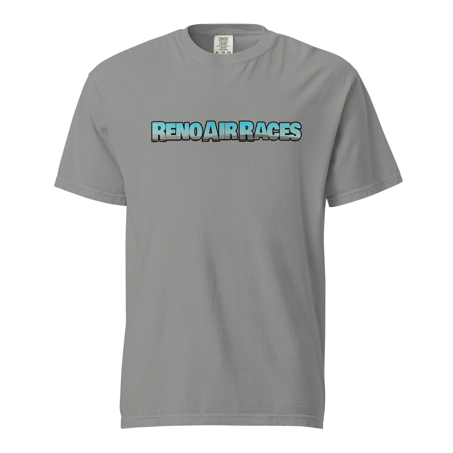 This shirt features an image of an air race at Reno Stead Airport contained inside of the words "Reno Air Races"