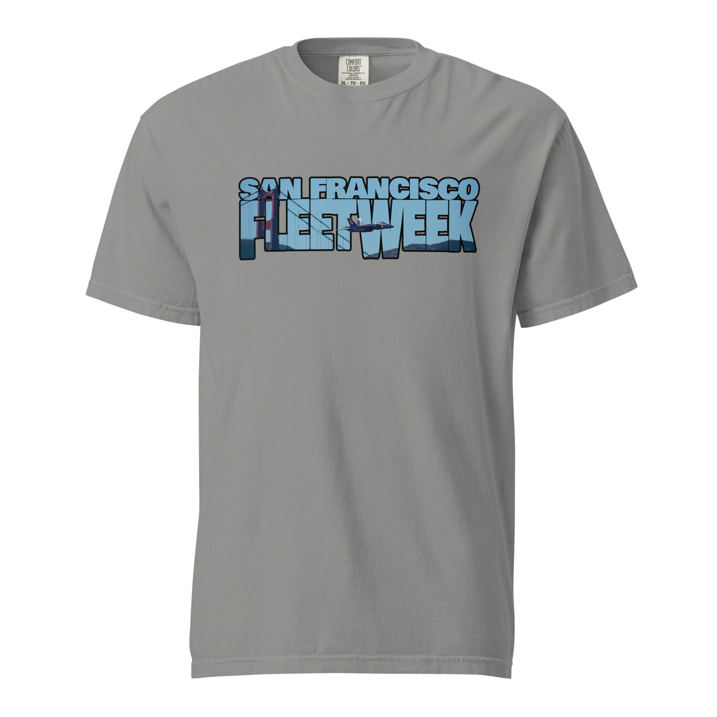 This shirt features an image of a Blue Angel flying past the Golden Gate Bridge contained inside of the words "San Francisco Fleet Week"