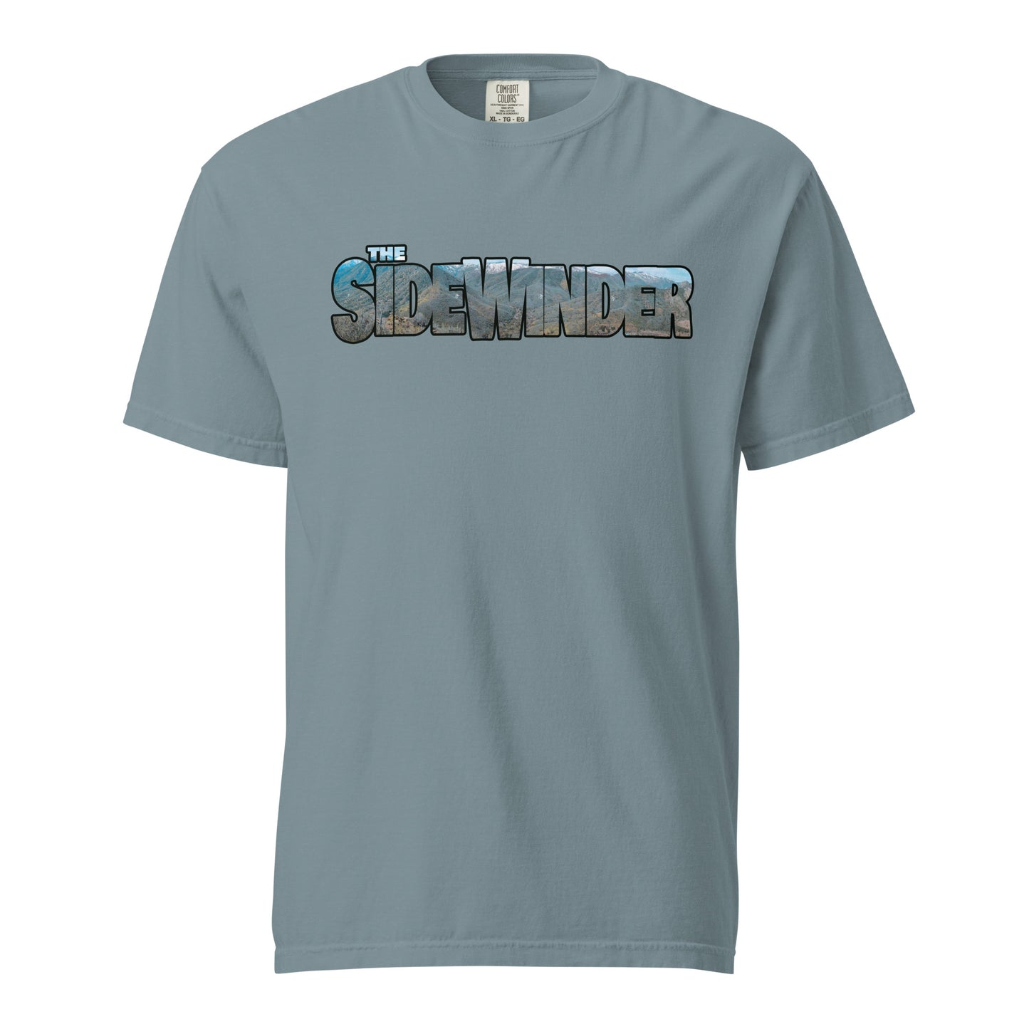This shirt features an image of a an F-35 performing a low level pass through mountains contained inside of the words "The Sidewinder"