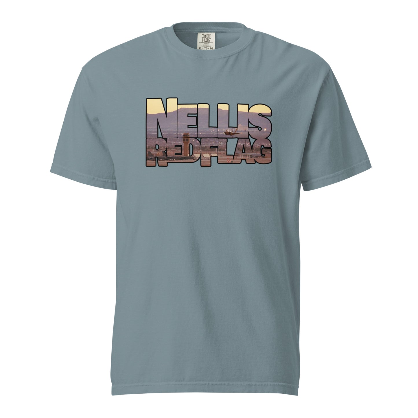 This shirt features an image of an F-35 taking off from Nellis Air Force Base contained inside of the words "Nellis Red Flag"