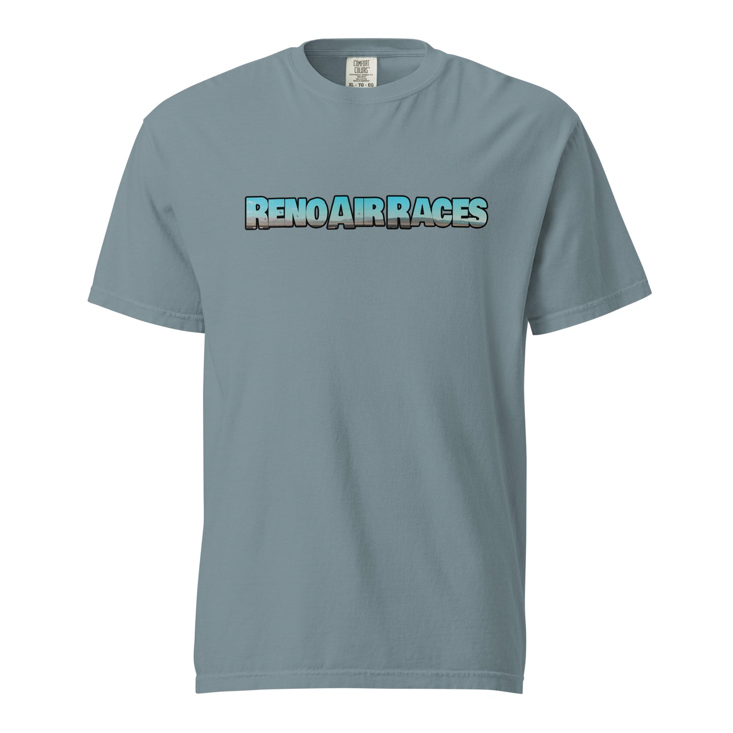 This shirt features an image of an air race at Reno Stead Airport contained inside of the words "Reno Air Races"