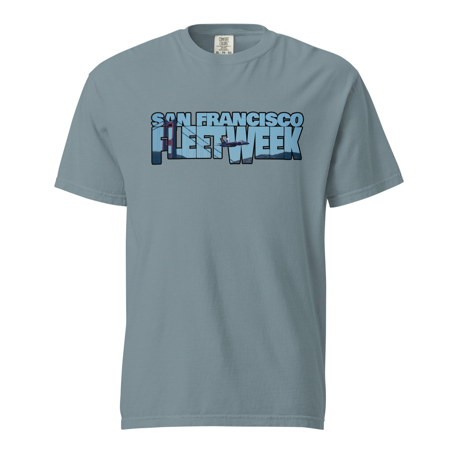 This shirt features an image of a Blue Angel flying past the Golden Gate Bridge contained inside of the words "San Francisco Fleet Week"