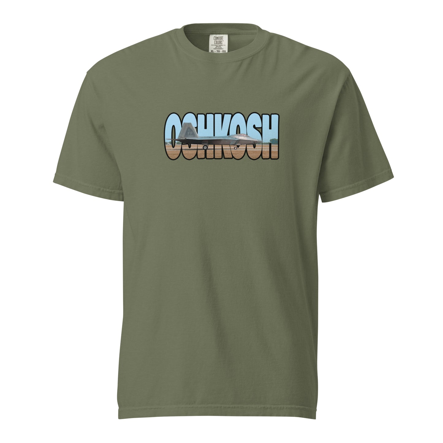 This shirt features an image of an F-22 taxiing at Wittman Regional Airport contained inside of the word "Oshkosh"