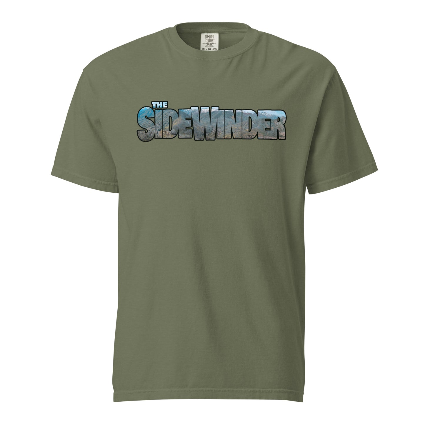 This shirt features an image of a an F-35 performing a low level pass through mountains contained inside of the words "The Sidewinder"