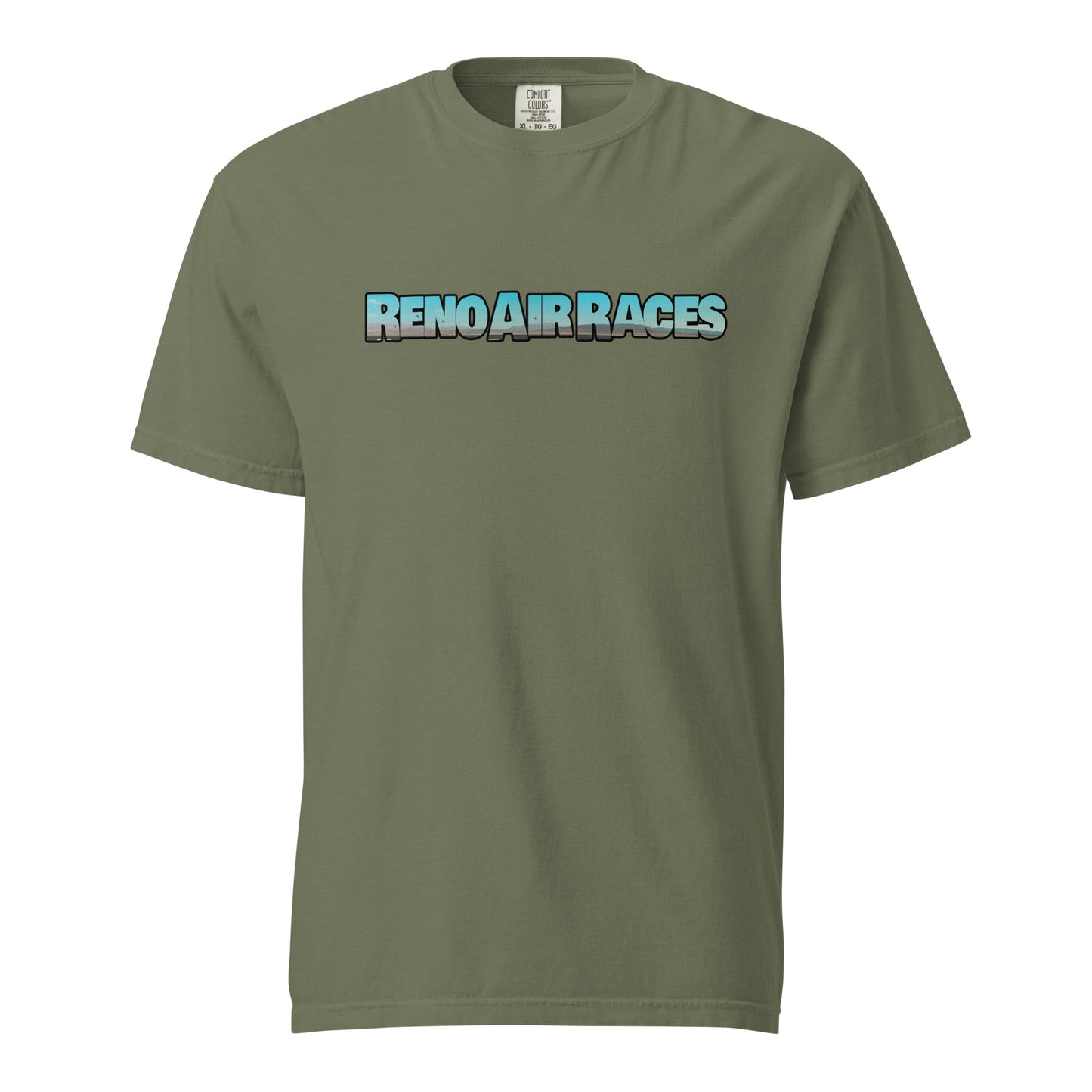 This shirt features an image of an air race at Reno Stead Airport contained inside of the words "Reno Air Races"