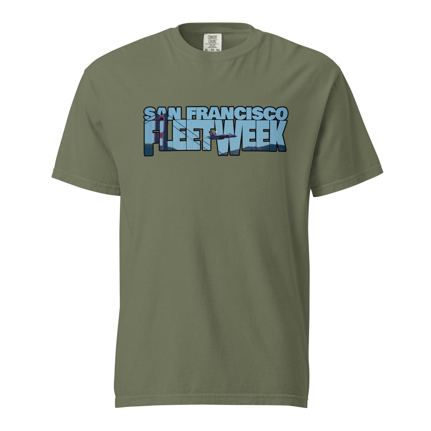 This shirt features an image of a Blue Angel flying past the Golden Gate Bridge contained inside of the words "San Francisco Fleet Week"