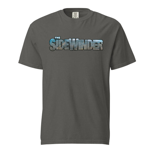 This shirt features an image of a an F-35 performing a low level pass through mountains contained inside of the words "The Sidewinder"