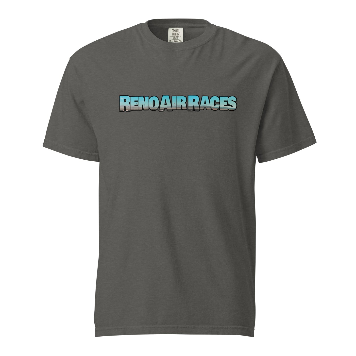 This shirt features an image of an air race at Reno Stead Airport contained inside of the words "Reno Air Races"