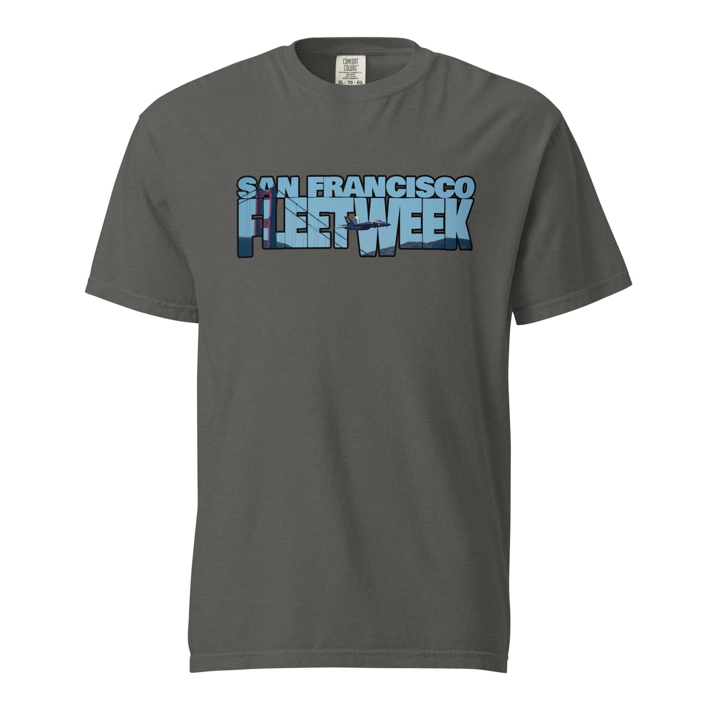 This shirt features an image of a Blue Angel flying past the Golden Gate Bridge contained inside of the words "San Francisco Fleet Week"