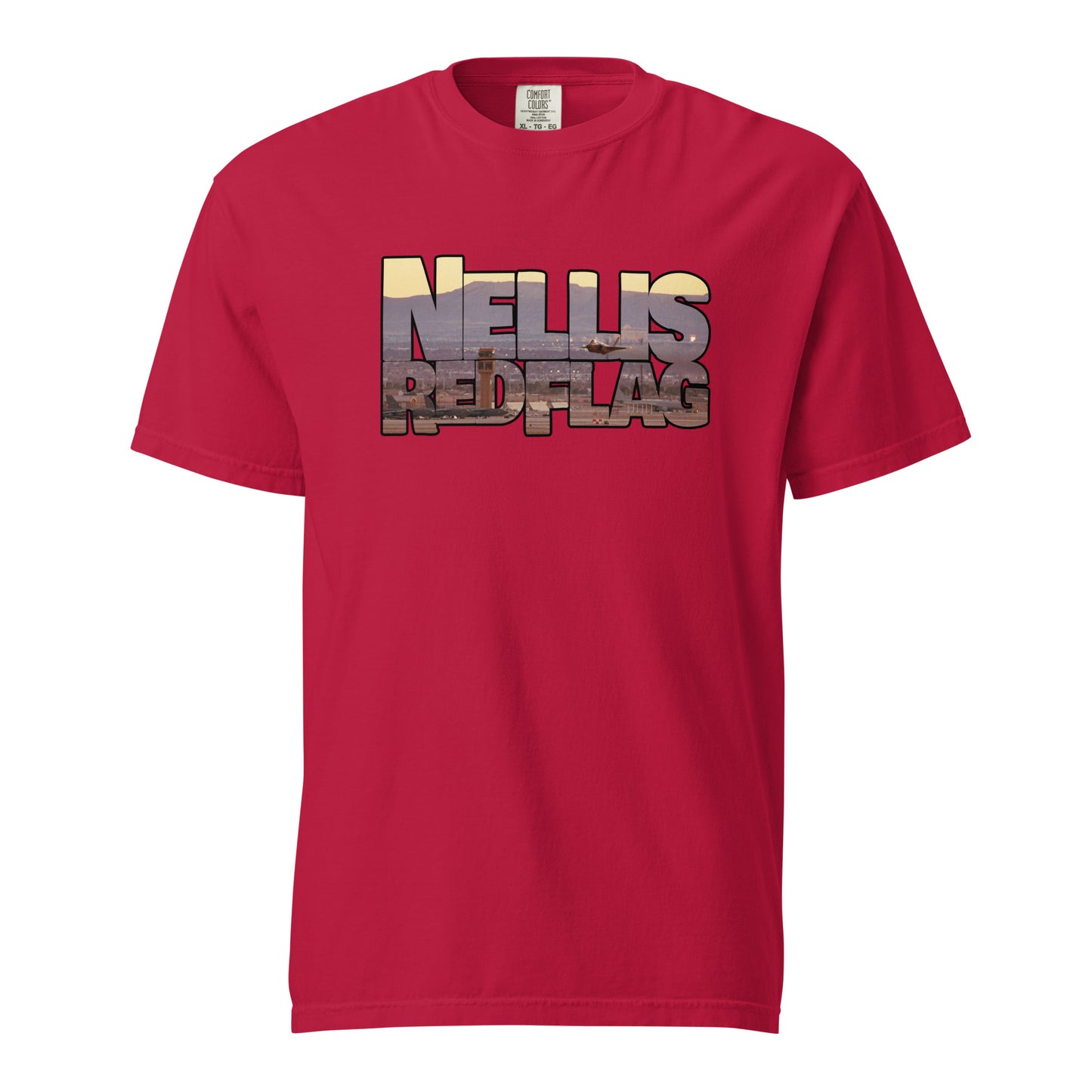 This shirt features an image of an F-35 taking off from Nellis Air Force Base contained inside of the words "Nellis Red Flag"