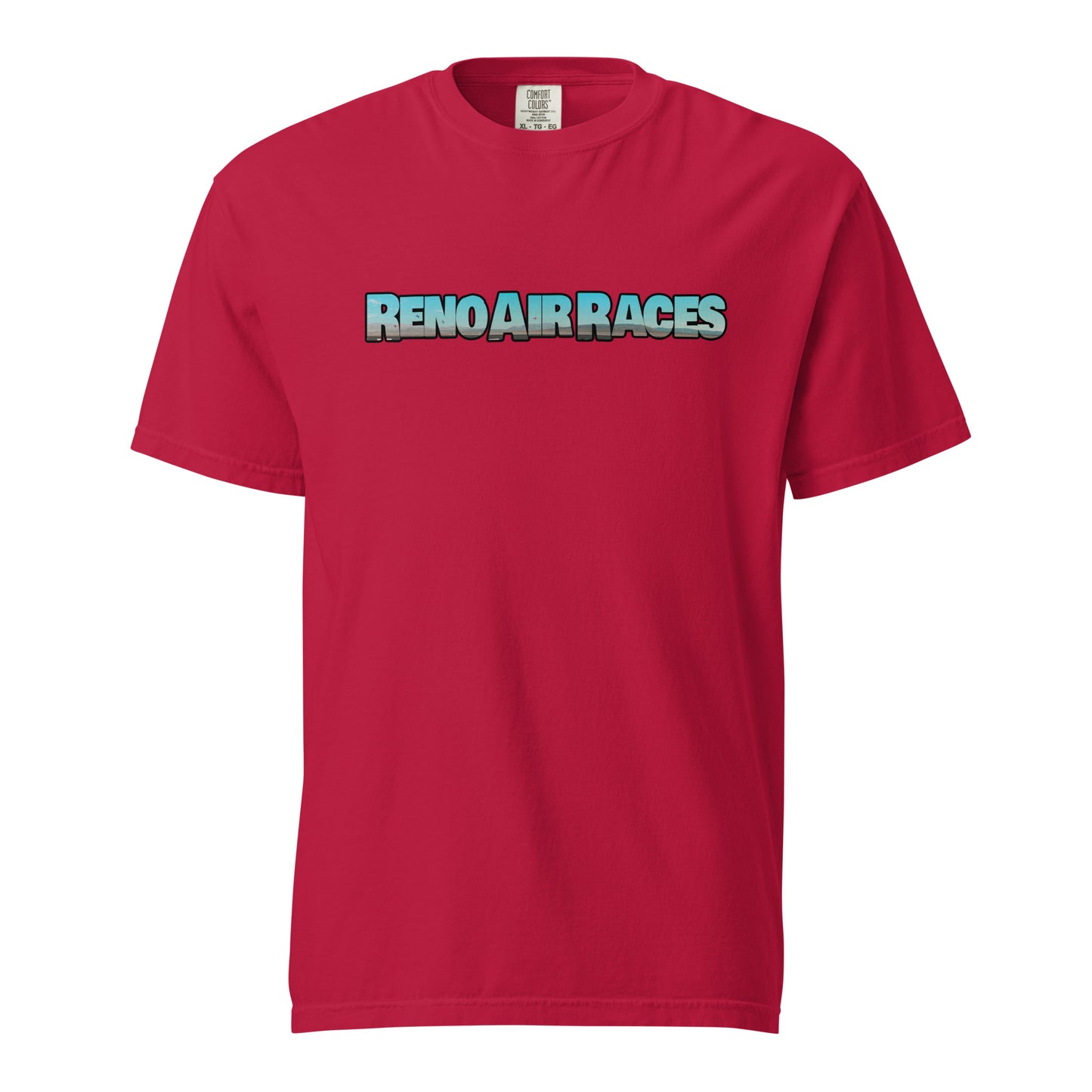 This shirt features an image of an air race at Reno Stead Airport contained inside of the words "Reno Air Races"