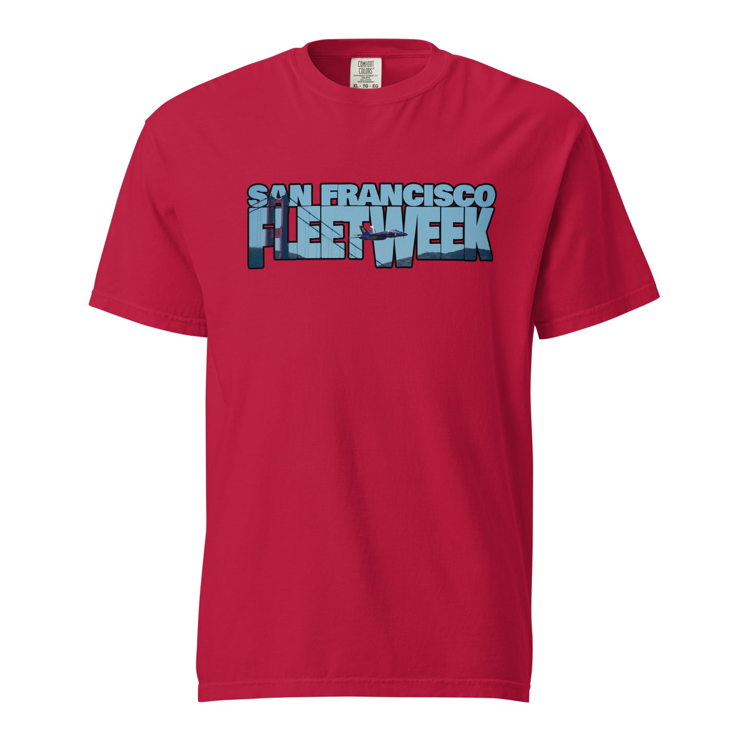 This shirt features an image of a Blue Angel flying past the Golden Gate Bridge contained inside of the words "San Francisco Fleet Week"